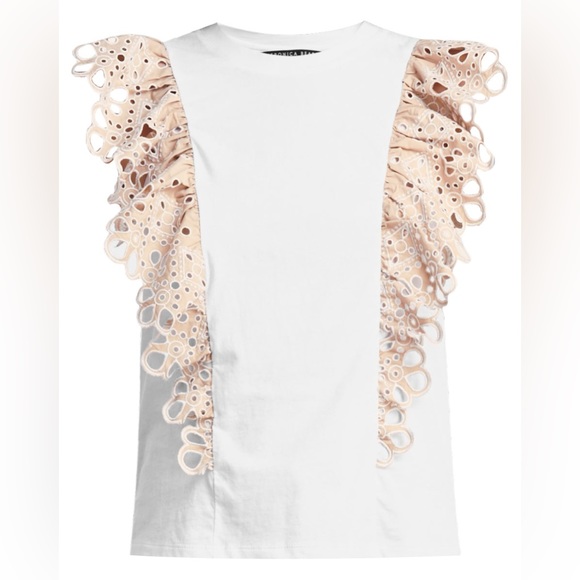 Veronica Beard Jadi Eyelet Ruffle Tee White & Light Khaki, Size S - Picture 3 of 11